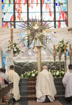 26 maja dla parafii katedralnej w Rzeszowie był szczególnym dniem dziękczynienia za dar kapłaństwa i znakiem obecności Maryi. W tym dniu parafianie przywitali peregrynującą w diecezji rzeszowskiej figurę Matki Bożej Fatimskiej i modlili się z księżmi, którzy obchodzili 10. rocznicę swoich święceń prezbiteratu.
Przed rozpoczęciem uroczystej Eucharystii pod przewodnictwem bpa Kazimierza Górnego, wierni zgromadzeni w świątyni przywitali figurę Matki Bożej Fatimskiej. O godz. 18.00 rozpoczęła się Msza Święta koncelebrowana przez 15 kapłanów wyświęconych 26 maja 2012 r. i sprawowana jako dziękczynienie za dar powołania do kapłaństwa. Bp Kazimierz w homilii przywołał wspomnienia z tego dnia, kiedy diecezja rzeszowska wzbogaciła się o nowych księży, którzy po raz pierwszy celebrowali z nim Eucharystię. Podkreślił także znaczenie codziennej kapłańskiej posługi, która wymaga trudu i poświęcenia w imię Chrystusa. Jubileusz 10-lecia kapłaństwa obchodzili: ks. Wojciech Chrostowski pochodzący z Gorlic (Fara), ks. Mirosław Dziadosz z Jasła (Chrystusa Króla), ks. Paweł Gąsior z Rożnowic, ks. Damian Jacek z Czudca, ks. Mirosław Kardaś ze Strzyżowa (św. J.S. Pelczara), ks. Tomasz Kołodziej z Trzebosi, ks. Filip Mikuła z Rzeszowa (Katedra), ks. Mateusz Mycek z Sędziszowa Małopolskiego (Fara), ks. Marcin Pokrywka z Przeworska (Ojcowie Bernardyni, diec. przemyska), ks. Nikodem Rybczyk z Gorlic (Fara), ks. Tomasz Ryczek z Turzy (diec. tarnowska), ks. Paweł Sikora z Rzeszowa (Zwięczyca – św. Józefa), ks. Krzysztof Wilczkiewicz z Gorlic (Glinik), ks. Tomasz Wójcik z Niewodnej oraz ks. Julian Wybraniec z Rzeszowa (św. Rocha). Po Mszy Świętej odśpiewano Litanię Loretańską przy wystawionym Najświętszym Sakramencie, po czym miała miejsce adoracja prywatna do godz. 20.30. Następnie odmówiono radosną część różańca i odśpiewano Apel Jasnogórski. Także przez kolejny dzień wierni mogli zawierzać swoje intencje Maryi w kolejnych częściach modlitwy różańcowej. W piątek po Mszy Świętej wieczornej figurę Matki Bożej przekazano do parafii Opatrzności Bożej w Rzeszowie. 
Peregrynacja figury Matki Bożej Fatimskiej w diecezji rzeszowskiej odbywa się z okazji 30. rocznicy powstania diecezji. Od 25 marca 2022 figura Matki Bożej Fatimskiej jest przekazywana do poszczególnych parafii diecezji i połączona z adoracją Najświętszego Sakramentu. 
Angelika Karnasiewicz, fot. Małgorzata Ryndak