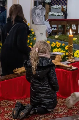 Liturgia Męki Pańskiej rozpoczęła się od procesji wejścia w zupełnej ciszy i gestu prostracji – pokornego padnięcia twarzą do ziemi głównego celebransa – Biskupa Rzeszowskiego Jana Wątroby. Drugim etapem nabożeństwa była Liturgia Słowa. Jej centrum stanowiła Męka Pańska w relacji wg św. Jana – odśpiewana przez ks. Juliana Wybrańca, kl. Dawida Piroga oraz kl. Karola Baraniewicza, z partiami tłumu wykonanymi przez Katedralny Chór Chłopięco-Męski Pueri Cantores Resovienses (tenory i basy), pod dyrekcją ks. dra Andrzeja Widaka we współpracy z Angelą Pacutą i Edytą Kotulą, dyrygentkami chóru.

W homilii bp Jan Wątroba zapraszał do odczytania na nowo sensu krzyża Jezusa i Jego Orędzia.

Trzecią częścią liturgii była adoracja krzyża. W pierwszej kolejności krzyż adorowali poprzez ucałowanie: Ksiądz Biskup, księża z Wyższego Seminarium Duchownego w Rzeszowie, księża katedralni oraz siostry zakonne. Następnie hołd krzyżowi oddali wszyscy wierni, wpatrując się w krzyż trzymany przez ks. Krzysztofa Gołąbka, proboszcza katedry.

Ostatnią częścią liturgii był obrzęd Komunii św. zakończony przeniesieniem Pana Jezusa w monstrancji do tzw. Bożego grobu. W tym roku dekoracja grobu nawiązuje do przeżywanego roku duszpasterskiego pt. „Wierzę w Kościół Chrystusowy”. Projekt autorstwa ks. Pawła Wójcika, wikariusza katedralnego, zachęca do pogłębienia relacji z Jezusem i jak wzywa napis umieszczony na grobie do „zakorzenienia w Kościele Chrystusa”.
fot. Joanna Prasoł 