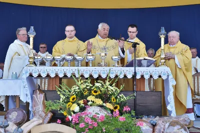 30 sierpnia 2020 r. do Parku Papieskiego w Rzeszowie na diecezjalne dożynki przyjechało 49 delegacji z dożynkowymi wieńcami.  Już o godz. 11.00 plac przed znajdującą się w Parku Papieskim sceną wypełniły delegacje z parafii diecezji rzeszowskiej. W sumie zarejestrowano 49 delegacje. Tegoroczną obsługę dożynek, w tym przygotowanie liturgii, zapewnili wierni i duszpasterze z dekanatu Sokołów Małopolski. O godz. 11.30 prof. Kazimierz Ożóg, mieszkaniec Górna, zaprezentował kilka myśli na temat chleba i godności pracy rolnika. Na scenie wystąpił zespół „Młody Duch i Przyjaciele” kierowany przez Dariusza Kosaka. Przed rozpoczęciem Mszy św. ks. Jerzy Uchman, diecezjalny duszpasterz rolników, przywitał przybyłych do Rzeszowa rolników, ogrodników, sadowników i pszczelarzy, wśród nich starostów dożynek Jerzego i Zofię Bednarzów z Kamienia, a także obecnych na Mszy św. parlamentarzystów, władze państwowe i samorządowe, służby mundurowe oraz poczty sztandarowe. Mszy św. przewodniczył bp Edward Białogłowski. W koncelebrze uczestniczył bp Kazimierz Górny oraz czternastu księży. W długiej procesji z darami do ołtarza podeszły delegacje wszystkich obecnych parafii przynosząc chleby i owoce. Dary te zostały przekazane Rzeszowskiemu Towarzystwu Pomocy im. św. Brata Alberta. Na zakończenie liturgii bp Białogłowski pobłogosławił przyniesione płody ziemi oraz ziarno na zasiew. Po błogosławieństwie poszczególne delegacje, przedstawiane przez ks. Jana Szczupaka, wikariusza biskupiego ds. społecznych, prezentowały swoje wieńce.  fot. ks. Tomasz Nowak