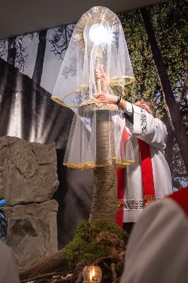 Liturgia Męki Pańskiej rozpoczęła się od procesji wejścia w zupełnej ciszy i gestu prostracji – pokornego padnięcia twarzą do ziemi głównego celebransa – Biskupa Rzeszowskiego Jana Wątroby. Drugim etapem nabożeństwa była Liturgia Słowa. Jej centrum stanowiła Męka Pańska w relacji wg św. Jana – odśpiewana przez ks. Juliana Wybrańca, kl. Dawida Piroga oraz kl. Karola Baraniewicza, z partiami tłumu wykonanymi przez Katedralny Chór Chłopięco-Męski Pueri Cantores Resovienses (tenory i basy), pod dyrekcją ks. dra Andrzeja Widaka we współpracy z Angelą Pacutą i Edytą Kotulą, dyrygentkami chóru.

W homilii bp Jan Wątroba zapraszał do odczytania na nowo sensu krzyża Jezusa i Jego Orędzia.

Trzecią częścią liturgii była adoracja krzyża. W pierwszej kolejności krzyż adorowali poprzez ucałowanie: Ksiądz Biskup, księża z Wyższego Seminarium Duchownego w Rzeszowie, księża katedralni oraz siostry zakonne. Następnie hołd krzyżowi oddali wszyscy wierni, wpatrując się w krzyż trzymany przez ks. Krzysztofa Gołąbka, proboszcza katedry.

Ostatnią częścią liturgii był obrzęd Komunii św. zakończony przeniesieniem Pana Jezusa w monstrancji do tzw. Bożego grobu. W tym roku dekoracja grobu nawiązuje do przeżywanego roku duszpasterskiego pt. „Wierzę w Kościół Chrystusowy”. Projekt autorstwa ks. Pawła Wójcika, wikariusza katedralnego, zachęca do pogłębienia relacji z Jezusem i jak wzywa napis umieszczony na grobie do „zakorzenienia w Kościele Chrystusa”.
fot. Joanna Prasoł 